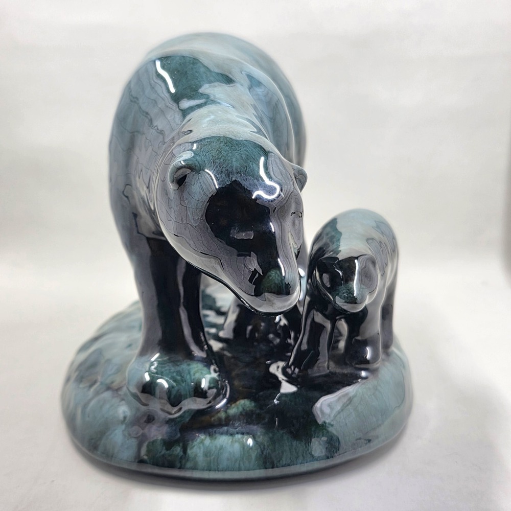 Blue Mountain Pottery Polar Bear & Cub Figurine Blue Glaze Romar Series 752 10"